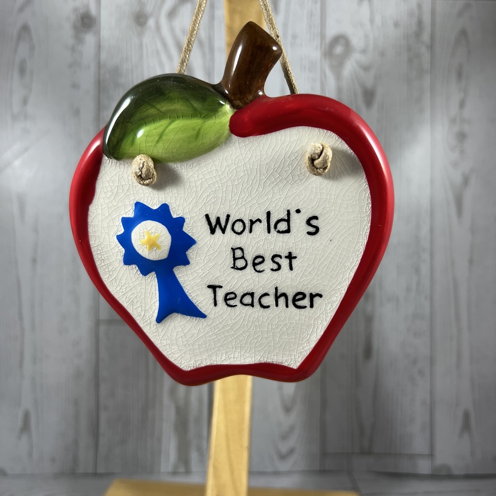 Worlds Best Teacher Decorative Plaque Apple Red Blue Hanging Gift Holiday